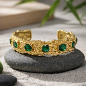 18K Gold Plated Stainless Steel Vintage Inspired Cuff Green Zirconia Bracelet